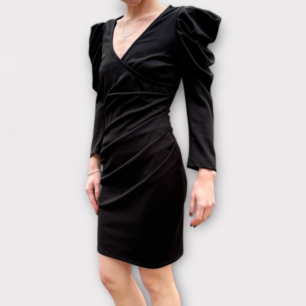 Vintage Gibiu Black Bodycon Faux Wrap Structured Shoulder Dress L